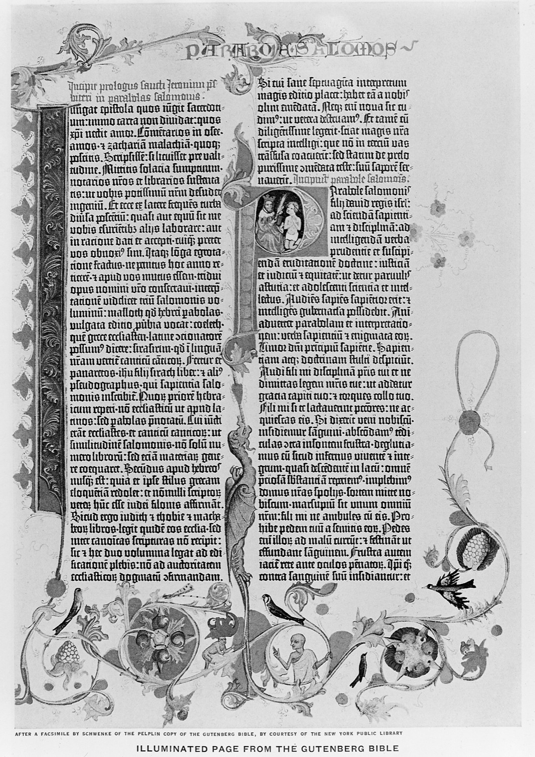 An illuminated page from the Gutenberg Bible, the start of the Proverbs of Solomon, with a decorated initial and vine border.
