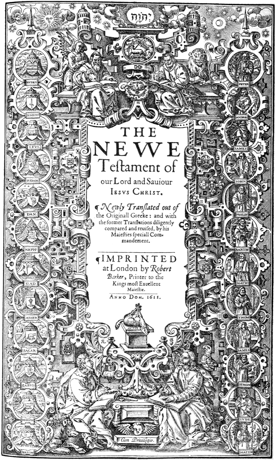 The engraved title page of the New Testament from the 1611 King James Bible, framed by tribes and apostles.