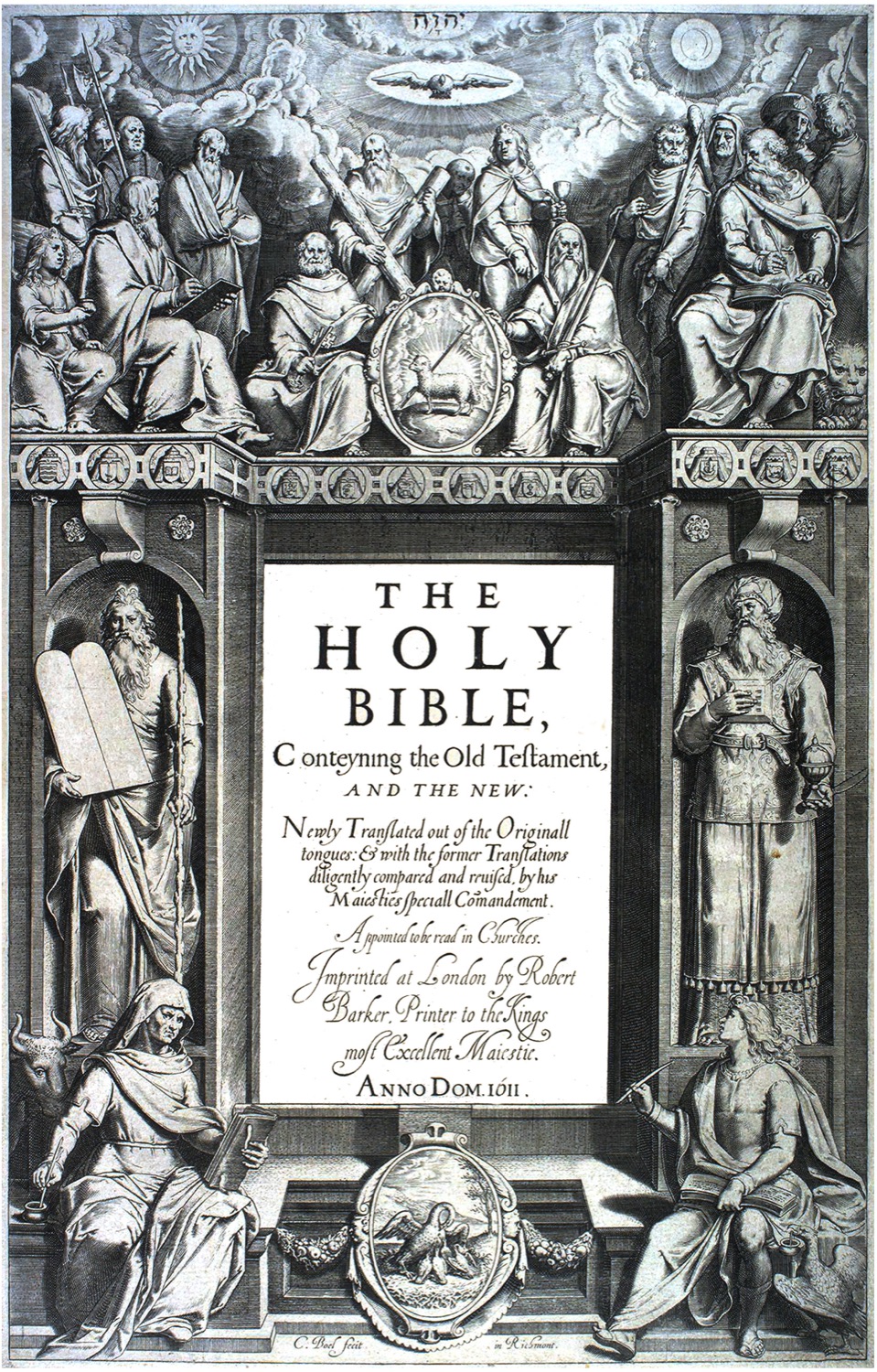 The engraved title page of the 1611 King James Bible: Moses and Aaron flank the title, with the apostles above.